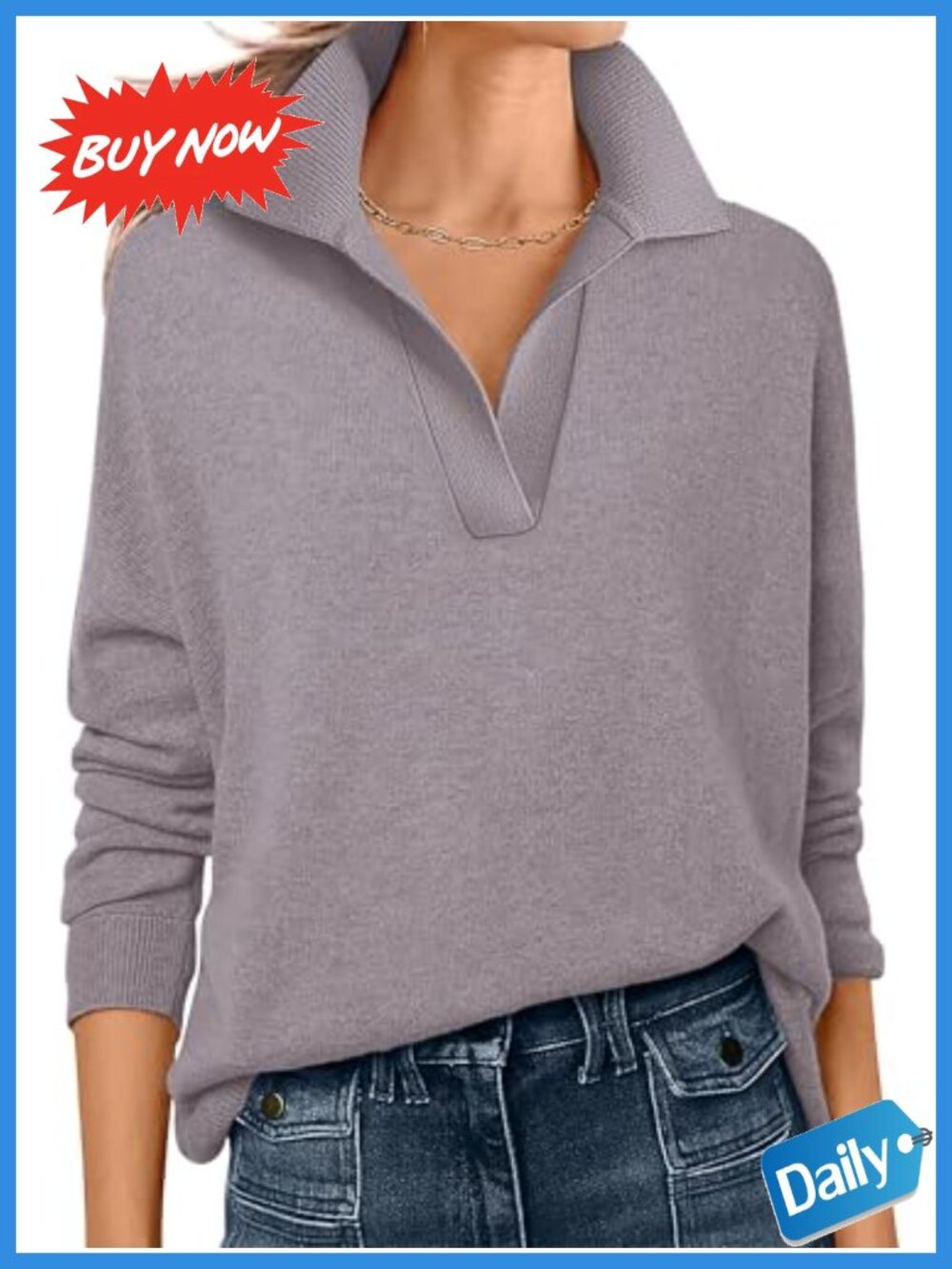 Women's V-Neck Polo Sweater Lightweight Fall Pullover Long Sleeve